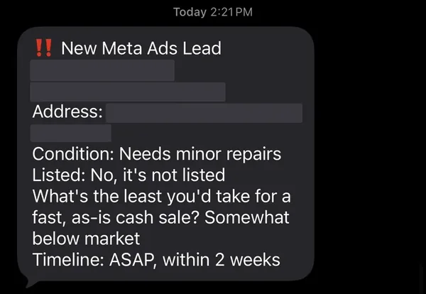 Meta Ads seller lead as it arrived on the phone. Homeowner name, phone and property address are redacted, as is the client account it came in on. Condition, listed status and timeline are untouched.