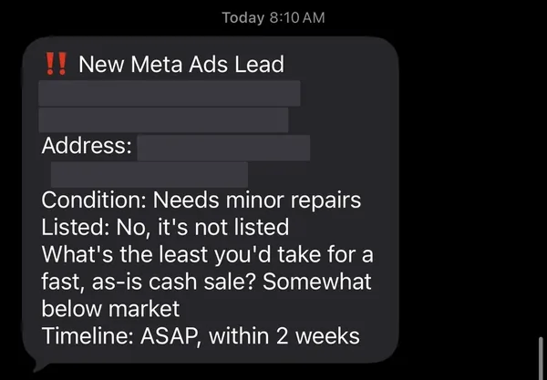 Meta Ads seller lead as it arrived on the phone. Homeowner name, phone and property address are redacted, as is the client account it came in on. Condition, listed status and timeline are untouched.