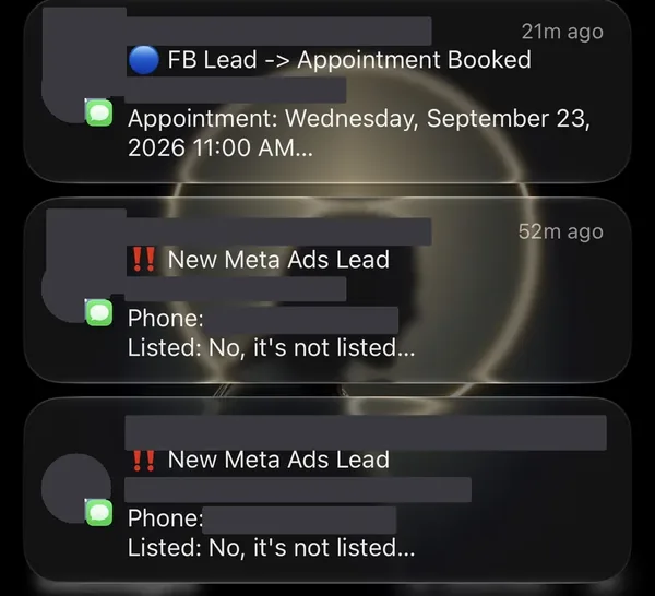 Meta Ads seller lead and the appointment it booked, as they arrived on the phone. Homeowner name, phone and property address are redacted, as is the client account. Condition, listed status and timeline are untouched.