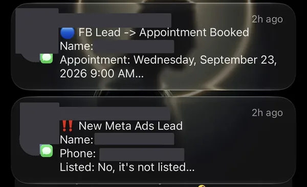 Meta Ads seller lead and the appointment it booked, as they arrived on the phone. Homeowner name, phone and property address are redacted, as is the client account. Condition, listed status and timeline are untouched.