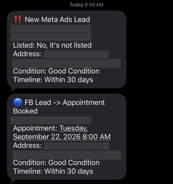 Meta Ads seller lead and the appointment it booked, as they arrived on the phone. Homeowner name, phone and property address are redacted, as is the client account. Condition, listed status and timeline are untouched.