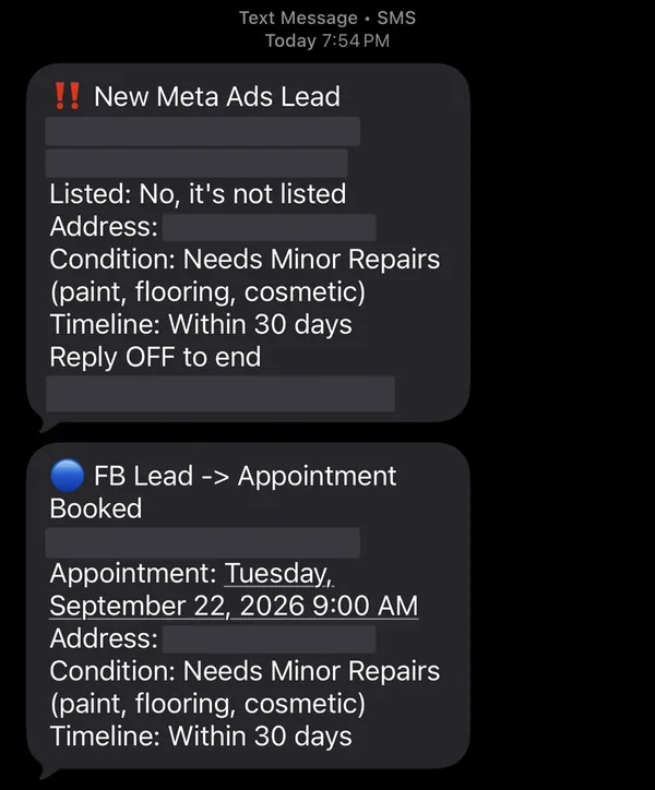 Meta Ads seller lead and the appointment it booked, as they arrived on the phone. Homeowner name, phone and property address are redacted, as is the client account. Condition, listed status and timeline are untouched.