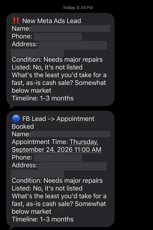 Meta Ads seller lead and the appointment it booked, as they arrived on the phone. Homeowner name, phone and property address are redacted, as is the client account. Condition, listed status and timeline are untouched.