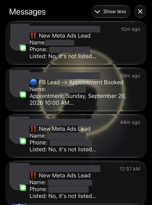 Meta Ads seller lead and the appointment it booked, as they arrived on the phone. Homeowner name, phone and property address are redacted, as is the client account. Condition, listed status and timeline are untouched.