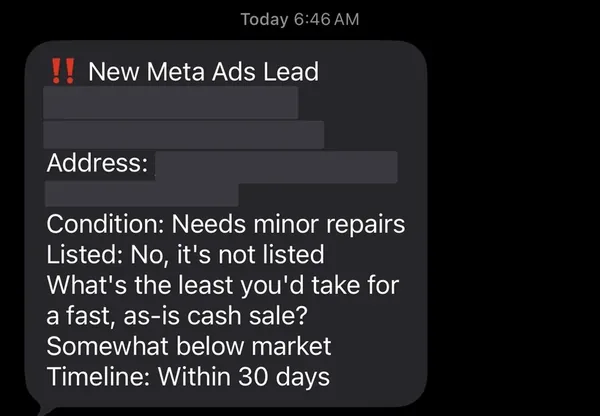 Meta Ads seller lead as it arrived on the phone. Homeowner name, phone and property address are redacted, as is the client account it came in on. Condition, listed status and timeline are untouched.