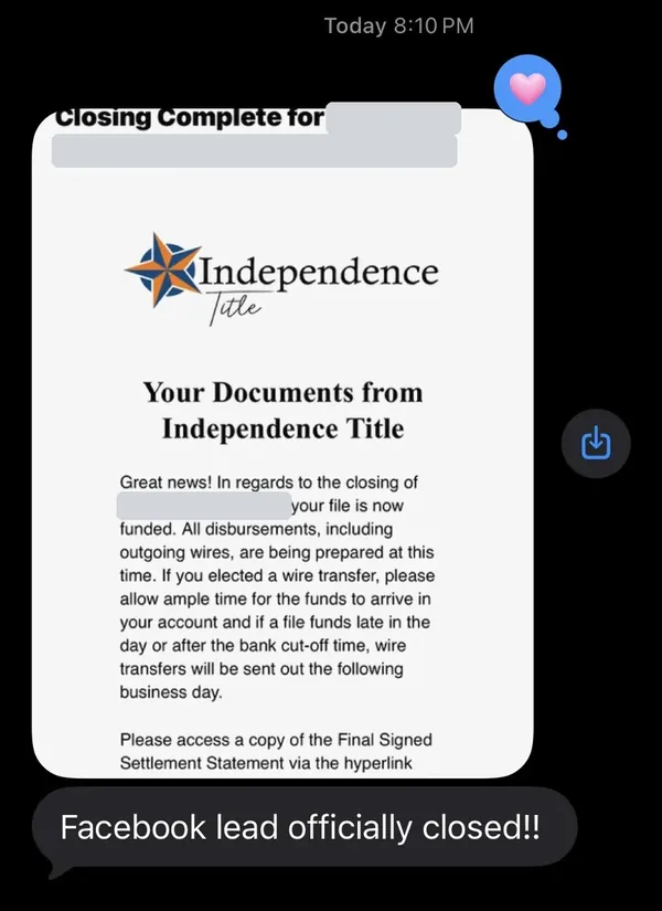 Text message from Devin: Facebook lead officially closed, above the title company email saying the file is funded. The seller name and address are covered.