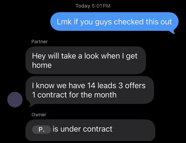 Group text from a Dallas wholesaler client: we have 14 leads, 3 offers and 1 contract for the month, then a seller under contract. Names and avatars are covered.